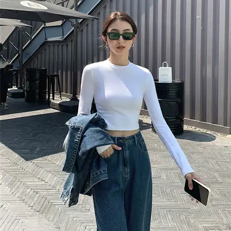 春秋T恤女短款紧身长袖内搭打底衫2023年早秋季新款性感锁骨上衣商品大图