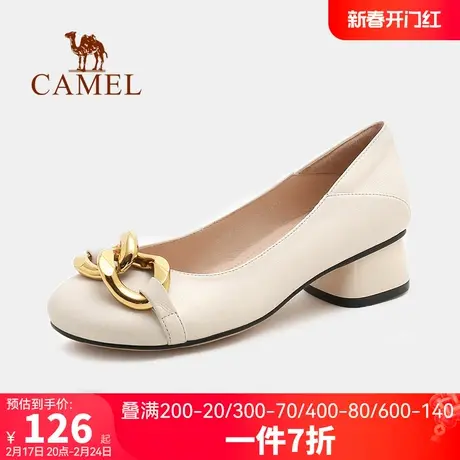 骆驼女鞋2023春季新款中跟真皮通勤鞋女浅口粗跟牛皮舒适单鞋女图片