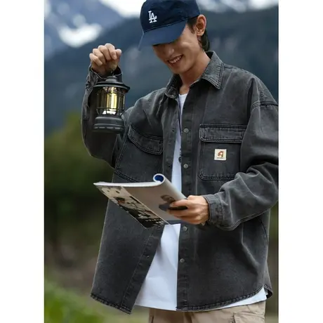 男士港风牛仔衬衫男长袖高级感痞帅春秋休闲外套2023新款工装衬衣商品大图