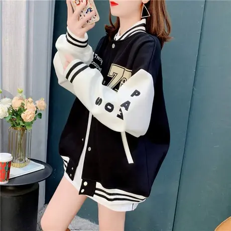 棒球服卫衣开衫女春秋2023年新款韩版宽松学生字母夹克上衣外套潮图片