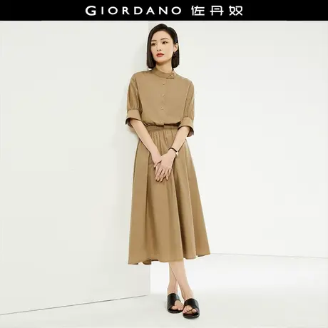 佐丹奴裙子女装小立领橡筋收腰中袖梭织薄连衣裙 18464603图片