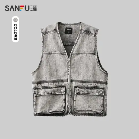 三福2023秋男士分割骨位牛仔马甲 街头户外宽松V领外套 475429商品大图