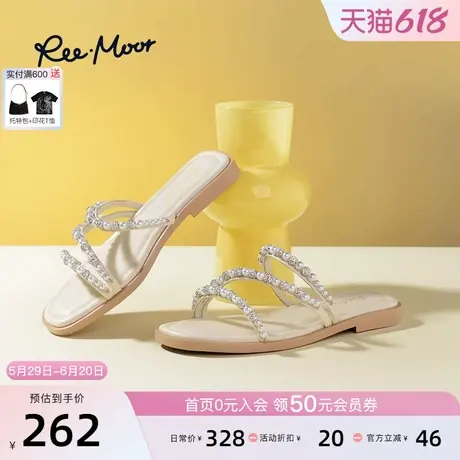 REEMOOR2025春夏新款法式珍珠一字带凉拖鞋女外穿平底拖鞋商品大图