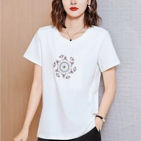 加肥加大码短袖t恤女夏季新款宽松中年妈妈纯棉刺绣圆领显瘦体恤商品大图