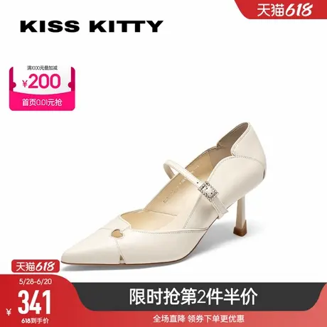 KISSKITTY高跟鞋尖头细跟单鞋气质高级不累脚玛丽珍鞋白色婚鞋图片