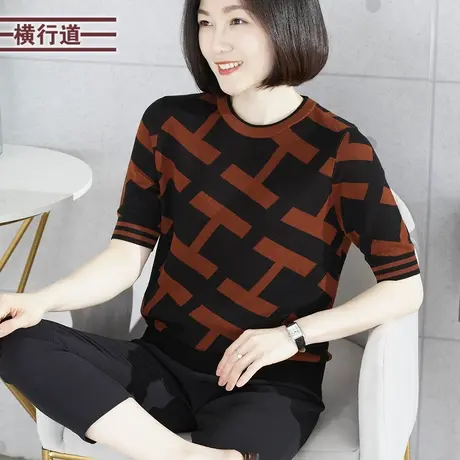 显瘦夏装女复古中年妈妈款圆领拼色宽松外穿大码女装针织短袖女夏图片