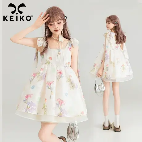 KEIKO 法式碎花吊带连衣裙2024夏季纯欲风仙女白色蓬蓬公主裙子图片