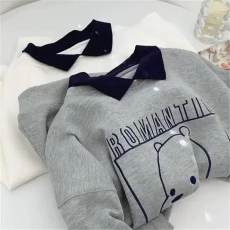 珠地棉刺绣小熊卫衣女韩版白色休闲宽松polo领显瘦春秋上衣外套女商品大图