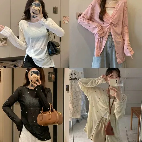 韩系慵懒风白色波点薄款长袖防晒t恤女夏季新款微透防晒罩衫上衣图片