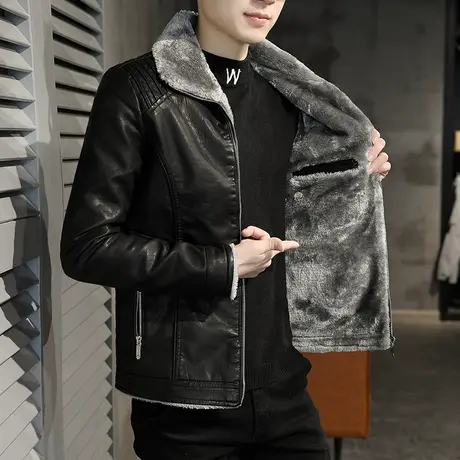 冬季新款男士皮衣加厚加绒皮毛一体男韩版修身皮夹克帅气PU外套潮图片