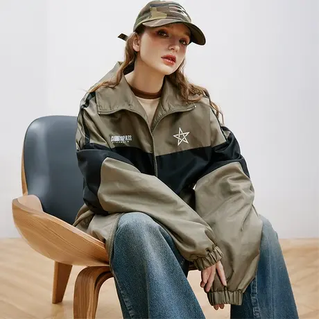 美式复古立领运动外套女春秋2023年新款ins潮牌拼接宽松夹克上衣商品大图