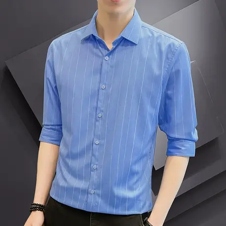 条纹衬衫男夏季修身潮流免烫抗皱寸衫男七分袖高级感男装休闲衬衣商品大图