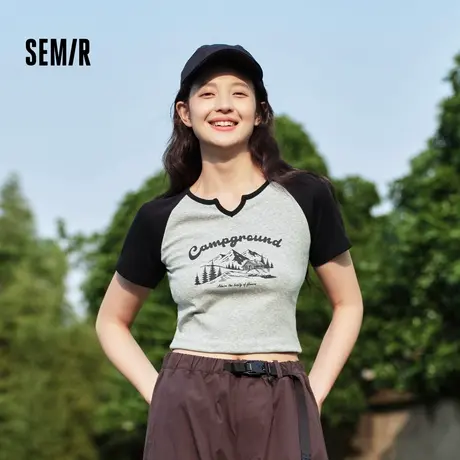 森马短袖T恤女短款设计感印花2024夏季新款插肩袖紧身套头衫山XY商品大图