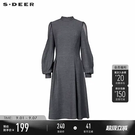sdeer圣迪奥秋装女装圆领网纱泡泡袖拼接连衣裙S223Z126B图片