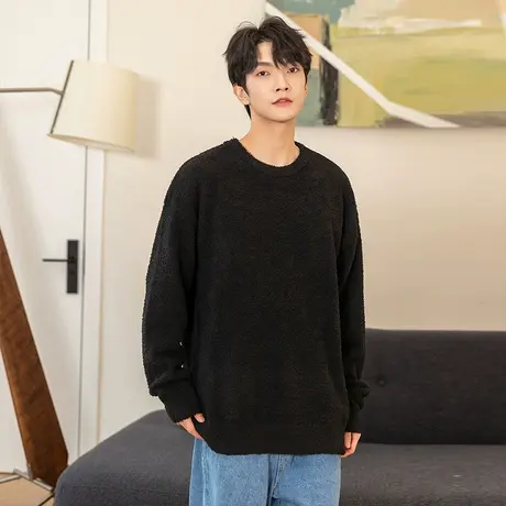 唐狮男毛衣慵懒风冬季新款白色毛衣圆领软糯舒服休闲上衣暖和毛衫图片