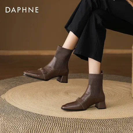 达芙妮山茶花短靴女2025新款秋冬棕色尖头瘦瘦靴复古粗跟袜靴女靴商品大图