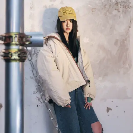 复古潮牌纯色棉服女加厚冬天外套2023年新款宽松oversize棉衣棉袄图片