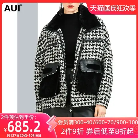 显高拼接獭兔毛气质毛呢外套女冬2022新款帅气短款千鸟格呢子大衣商品大图