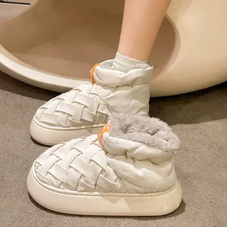 羽绒防水棉拖鞋女冬季时尚编织加厚毛绒保暖室内居家厚底包跟棉鞋商品大图