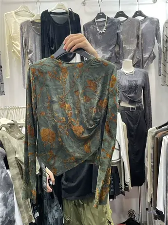 设计感不规则金丝绒长袖小衫女秋新款韩版修身收腰褶皱气质上衣潮商品大图