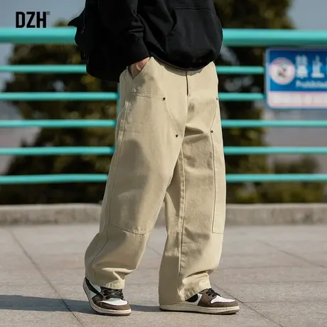 男生卡其色纯棉裤子男款美式高街休闲裤直筒宽松垂感伐木裤百搭潮商品大图