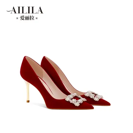 爱丽拉红色冬季结婚鞋女2023新款中式秀禾服新娘绒面高跟鞋不累脚商品大图