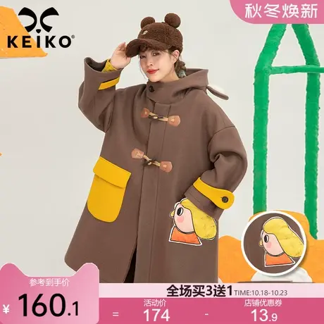 可爱卡通连帽毛呢大衣女中长款2022秋冬新复古木制钮扣呢子外套厚商品大图