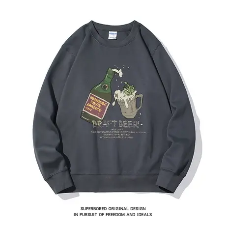 秋冬季美式复古啤酒印花卫衣男宽松休闲圆领套头圆领长袖上衣商品大图