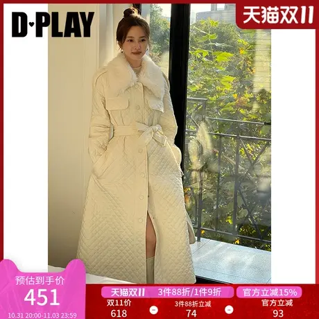 DPLAY2023年冬新气质通勤杏色插肩袖长款可调节腰带棉服外套商品大图