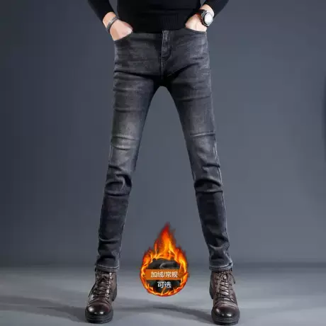 高端黑灰加绒加厚牛仔裤男冬季修身小脚2023新款弹力男士裤子秋冬图片