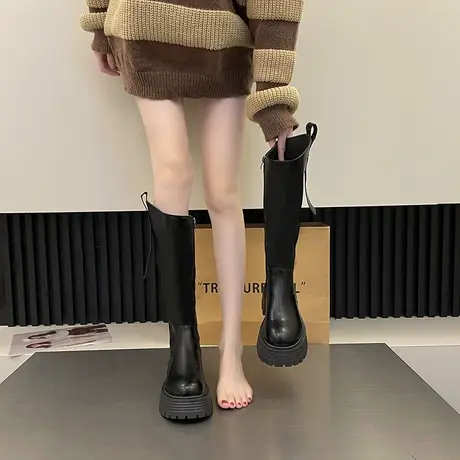 长筒靴女2023春秋季新款小个子显瘦不过膝长靴粗跟厚底黑色骑士靴商品大图