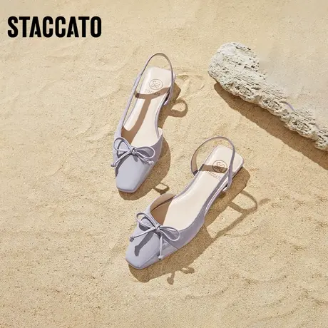 思加图新款百搭甜美蝴蝶结包头凉鞋女方头低跟单鞋A8877AH3B商品大图