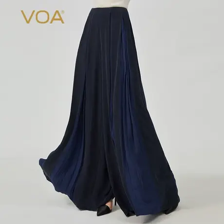 VOA真丝30姆米重磅藏青色自然腰褶皱撞料拼接百搭桑蚕丝阔腿长裤商品大图