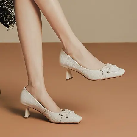 2024新款复古优雅方头粗跟高跟鞋里外真皮浅口简约时尚百搭单鞋商品大图