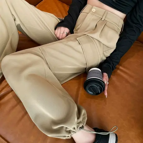 灰色休闲工装裤子女2023秋季新款高腰百搭美式抽绳束脚阔腿运动裤图片