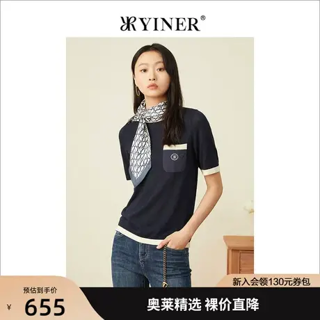 YINER音儿专柜女装2022夏季新款时尚撞色圆领针织衫套头商品大图