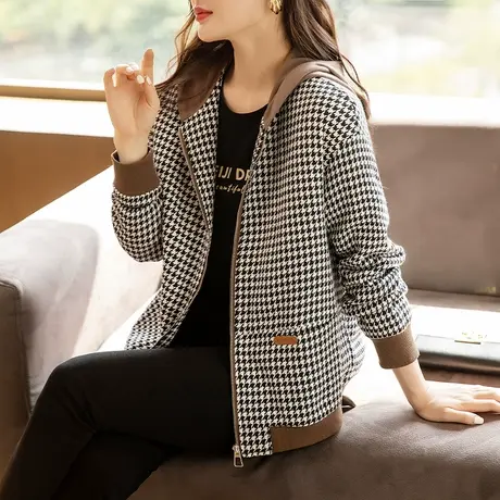 女士外套女秋冬季新款加肥加大码女装妈妈千鸟格夹棉加厚连帽上衣商品大图