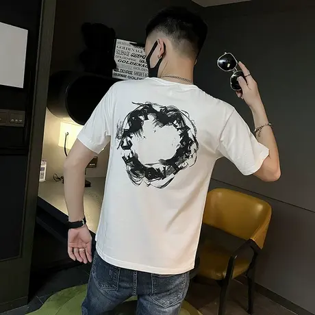 夏季男士t恤上衣短袖修身半袖潮流时尚休闲个性印花原宿圆领体恤商品大图