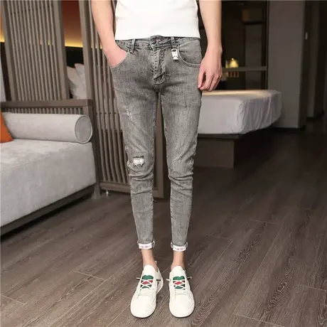 春秋季男士牛仔裤九分裤小脚裤裤子修身破洞百搭ins9分裤潮流弹力商品大图