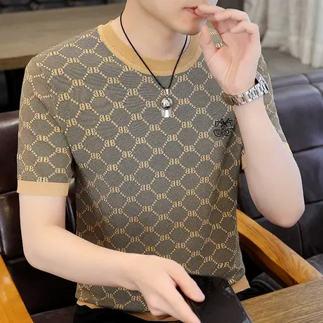 提花短袖针织t恤男秋季潮牌时尚拼色圆领男装毛衣冰丝夏装体恤衫商品大图