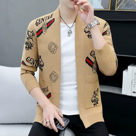 秋季潮牌针织外套男士帅气韩版修身潮流线衣披风提花开衫外穿毛衣商品大图