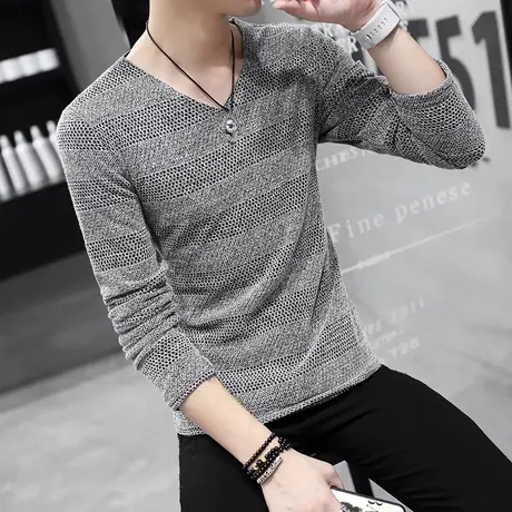 男士薄款长袖T恤韩版V领体恤上衣秋装男装潮卫衣服秋衣针织打底衫商品大图