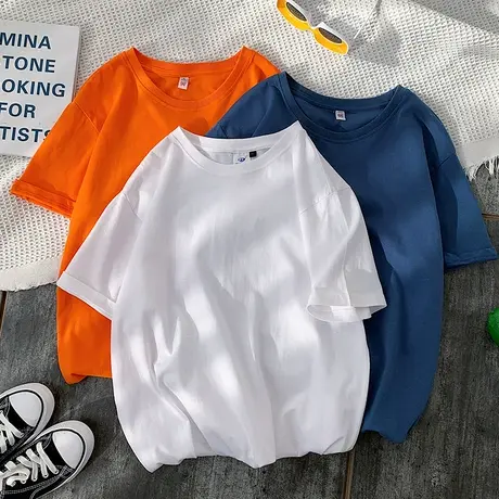 纯棉短袖t恤男潮流ins夏季纯色宽松半袖情侣打底衫港风韩版上衣服图片