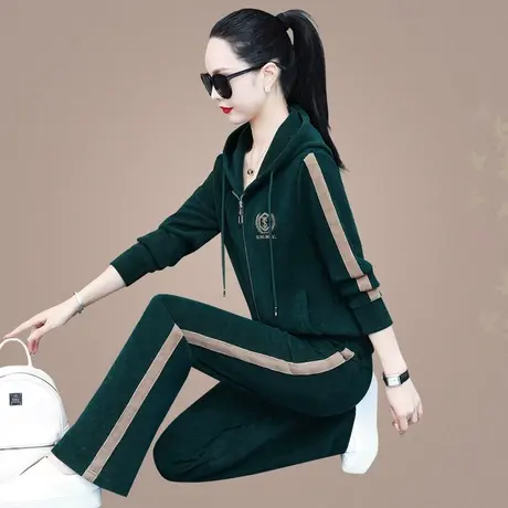 雪尼尔绒休闲套装女春秋2024年新款时尚修身显瘦连帽运动服两件套图片