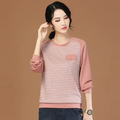 韩潮袭人圆领长袖格子拼接卫衣女2023秋季新款百搭显瘦t恤衫上衣商品大图