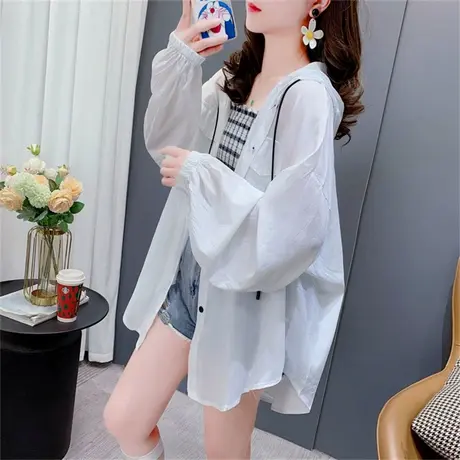 夏季薄款透气连帽防晒衬衫女2023年新款宽松中长款洋气开衫外套潮图片