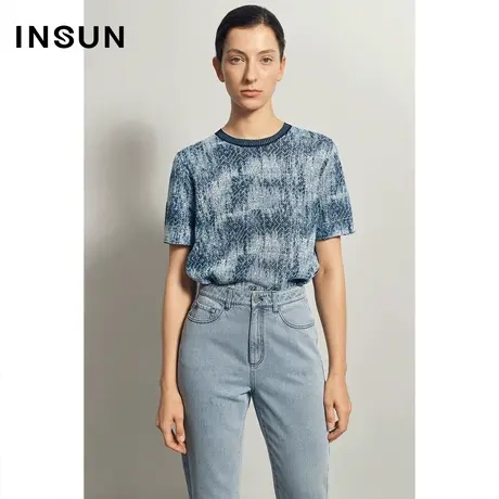 INSUN恩裳夏季蓝色渐变圆领套头针织衫商品大图