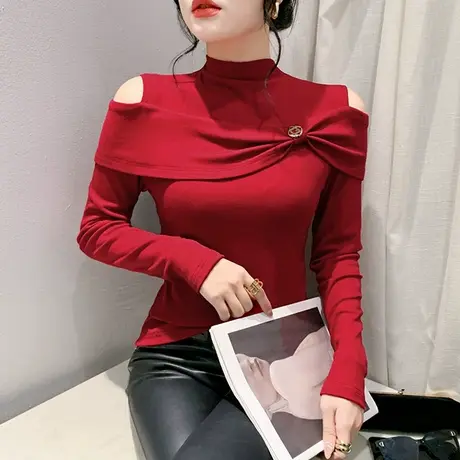 加厚抓绒秋冬款上衣性感镂空蝴蝶结拼接T恤女长袖性感修身打底衫商品大图