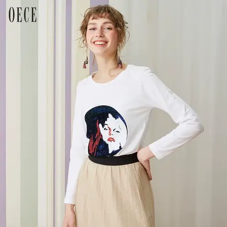 Oece春装新款女装 丝绒贴布绣圆领长袖减龄纯棉T恤上衣kb222商品大图