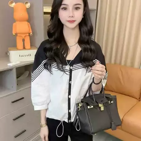 欧货2023夏新款圆领拼色假两件衬衫女针织拼接衬衣时尚百搭上衣潮商品大图